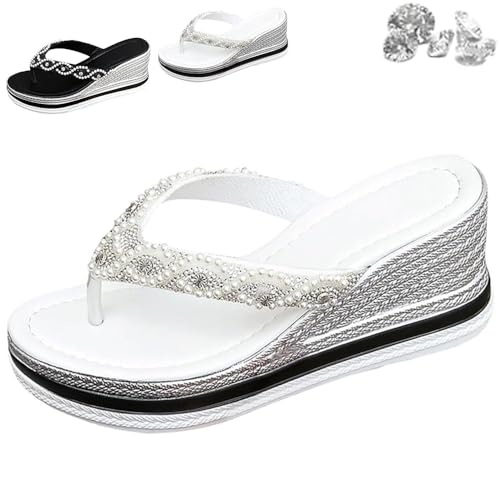 QWSYGH Sandals for Women Sparkly Wedge Heel Elegant Platform Flip Flops Thick Sole Rhinestones Boho Beach Sandal (White,38) von QWSYGH
