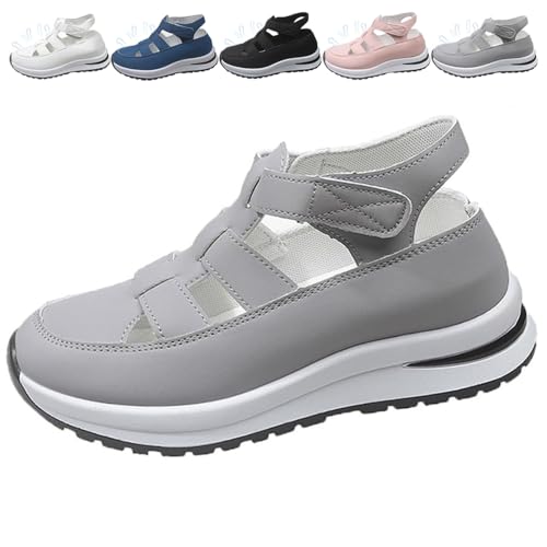 QWSYGH Women's Hollow Out Breathable Platform Wedge Sandals Sneakers, Adjustable Comfortable Casual Closed Toe Sandals (Gray,37) von QWSYGH