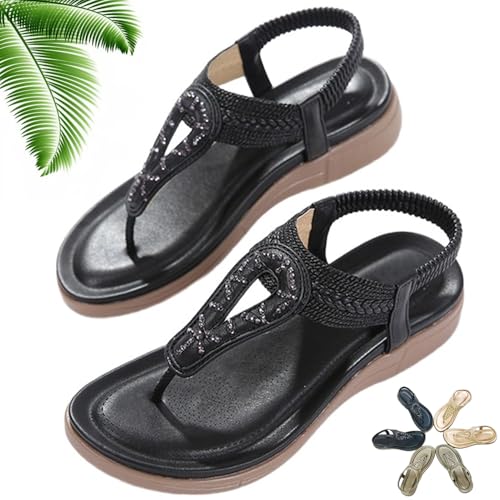 QWSYGH Women's T-Strap Flat Sandals With Sparkling Rhinestones, Comfortable Soft Elastic Wedge Heel Slingback Open Toe Shoes (Black,41) von QWSYGH