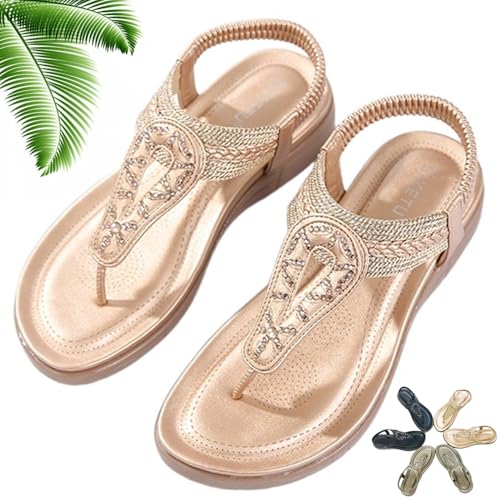 QWSYGH Women's T-Strap Flat Sandals With Sparkling Rhinestones, Comfortable Soft Elastic Wedge Heel Slingback Open Toe Shoes (Champagne,40) von QWSYGH
