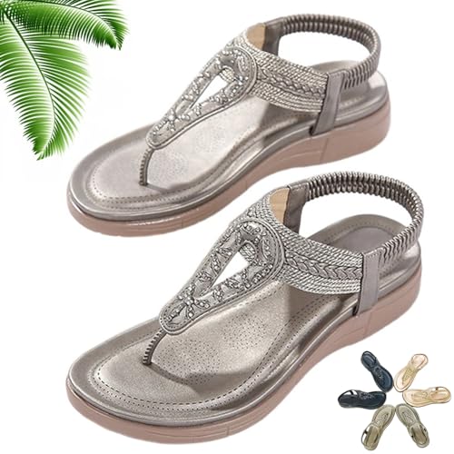 QWSYGH Women's T-Strap Flat Sandals With Sparkling Rhinestones, Comfortable Soft Elastic Wedge Heel Slingback Open Toe Shoes (Grey,39) von QWSYGH