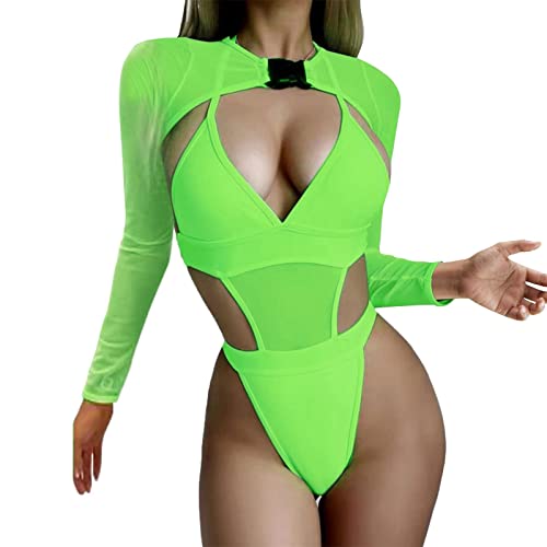 2 Stück Frauen Rave Outfits Neon Body Crop Top Langarm Mesh mit Schnalle für Festival Club Party Transparente Unterwäsche Sexy Unterwäsche Bh Set Damen Push Up Mit String bh body rückenfrei Body Damen von QWUVEDS