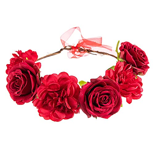 Blumenhaarküste Frauen Haarreif Kronenfloral-Haarbandekränze Haarband Kinder Jungen (Red, One Size) von QWUVEDS