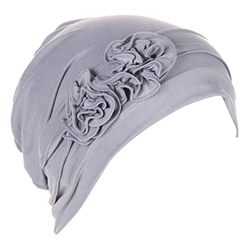 Blumenkopf-Hut-Kappe Ethnischer böhmischer Blumen-Haar-Abdeckungs-Verpackungs-Turban-Kopfbedeckungs-Turban-Kappe Plissee-Hut Haarband Schwarz Damen (Grey, One Size) von QWUVEDS