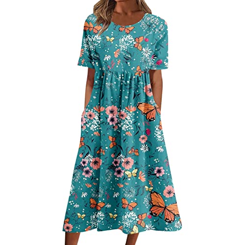 Damen Bohemian Tunika Kleid Strandkleid Urlaub Sommerkleider Vintage Strandtunika 3/4-Arm Rundhals Kleid Blumenmuster Tunikakleider Kurzes Tops Lässig Locker Swing Midikleid 13 von QWUVEDS