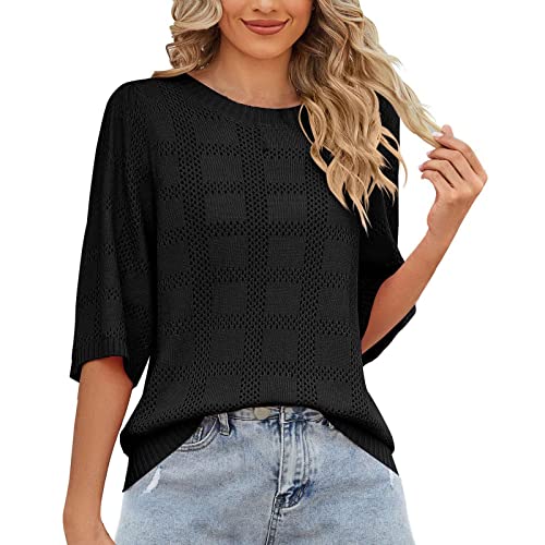 Damen Rundhals Pullover Casual Sommer Hohl T Shirts Puff Kurzarm Tops Blusen Sonnenschutz Strickoberteil Kurzpullover Damen Elegant Trachtenbluse Damen Große Größen Damen T-Shirt Locker von QWUVEDS