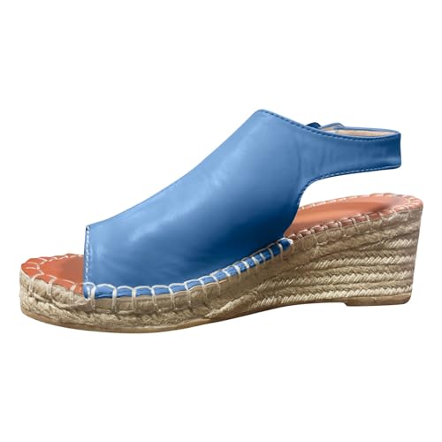 Damen-Sandalen Leinen, gewebt, mit Keilabsatz, einfarbig, modisch, lässig, Schnallenriemen, Ledersandalen, Schuhe Antirutsch Pads Schuhe Damen Sommersandalen zur Erhöhung der Körpergröße (Blue, 40) von QWUVEDS