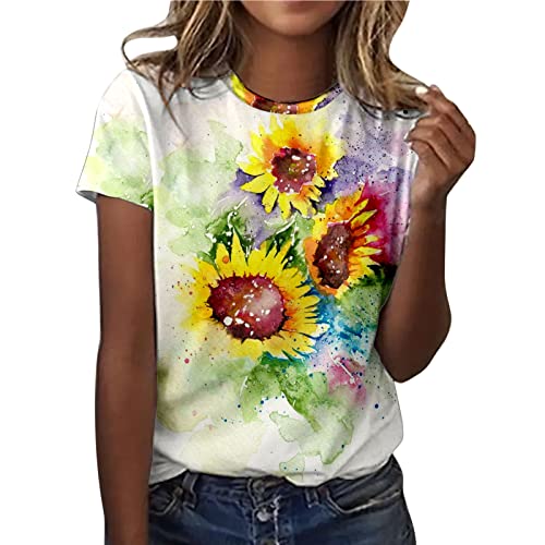 Damen Sommer Casual Rundhals Aquarell Sonnenblume Löwenzahn Print Kurzarm T-Shirt Top Damenblusen 3/4 Arm Damen Blusen Baseball Shirt Damen Bluse Elegant Sexy Sommer T Shirt Damen Kurzarm Mit Druck von QWUVEDS