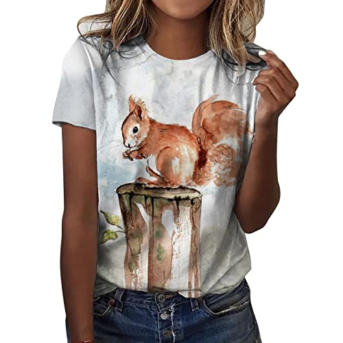 Damen-T-Shirts mit Rundhalsausschnitt, Eichhörnchen-Print, Kurzarm, lässig, T-Shirt, Oberteile, niedliche Grafik-Hemden, Bluse Ohrringe von QWUVEDS