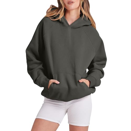 Frauen Solide Basic Fleece Brief Lose Hoodie Sweatshirt Langarm Tasche Drop Schulter Pullover Top Damen Pullover Damen Pullover Damen Winter Oversized Sweatshirt (24-0212B-Dark Gray, M) von QWUVEDS