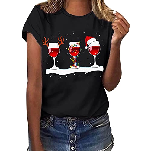 Frauen Weihnachten Weinglas Schneeflocken Druck O Hals Kurzarm Lose T Shirt Bluse Tops Leggings Totenkopf Damen von QWUVEDS