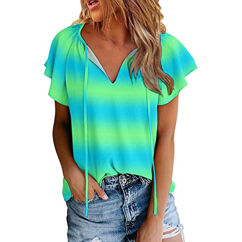 Frauen lässiger Boho-Druck V Ausschnitt Top Kurzarm T-Shirt Sommerhemd Bluse Mit Puffärmeln Sport Shirts Für Damen Damen Lässige Kurzarm von QWUVEDS