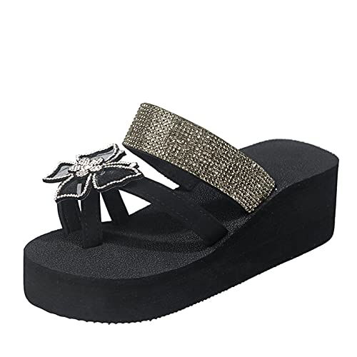 Hausschuhe Damen Sommer flip Flops Damen Hausschuhe mädchen Damen Sandalen Damen Casual Slope Heel Bow Strass Hausschuhe Sandalen Sub Bohemian Beach Schuhe O Damenschuhe 41 von QWUVEDS