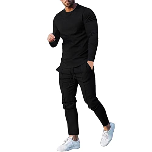 Herren Casual Solid Zweiteiler Rundhals Langarm Top Bluse Anzug Kordelzug Tasche Hosen Set Jogginghose Herren Anzug von QWUVEDS