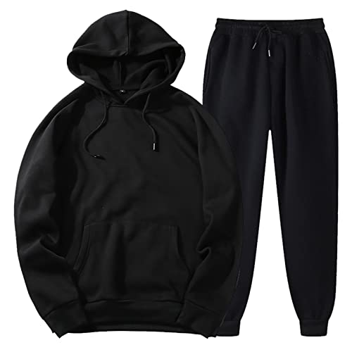 Herren-Herbst- und Wintermode, lässig, einfarbig, locker, mit Kapuze, langärmelig, Sport-Set Trainingsanzug Herren Blau Jogginganzug Herren Baumwolle Traningsanzuganzug Sweatshirt (0914C-Black, XXXL) von QWUVEDS