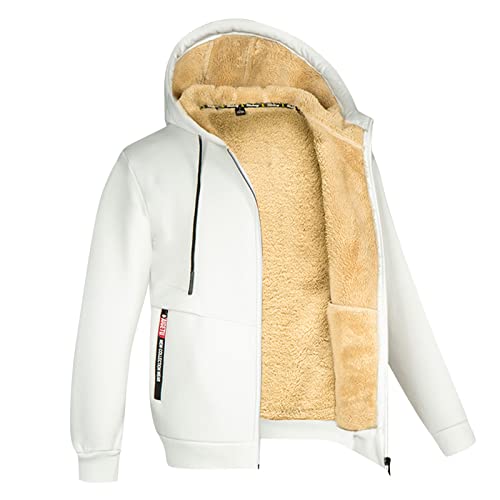 Herren-Mantel, übergroßer, warmer, mit Fleece gefütterter Kordelzug-Hoodie, einfarbiger , dicker Winter-Pullover mit Reißverschluss Herren Strickjacke Kapuzenpullover Hoodie Sweatshirt (White, XL) von QWUVEDS