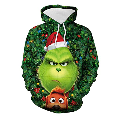 QWUVEDS Herren und Damen Weihnachten Christmas Hoodies Lustige kreative 3D Pullover Sweatshirt für Jungen Mädchen Langarm Hoodie Kordelzug Sweatshirt Grinch Pullover Decken Hoodie Grinch Kleidung von QWUVEDS