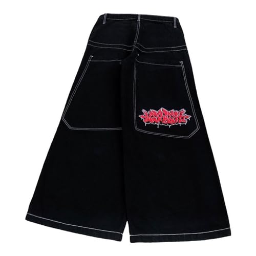 JNCO Jeans High Street bestickte Hip-Hop-Hose mit weitem Bein, lockere, lässige Jeans Jeanshosen Damen Löcher (Black, L) von QWUVEDS