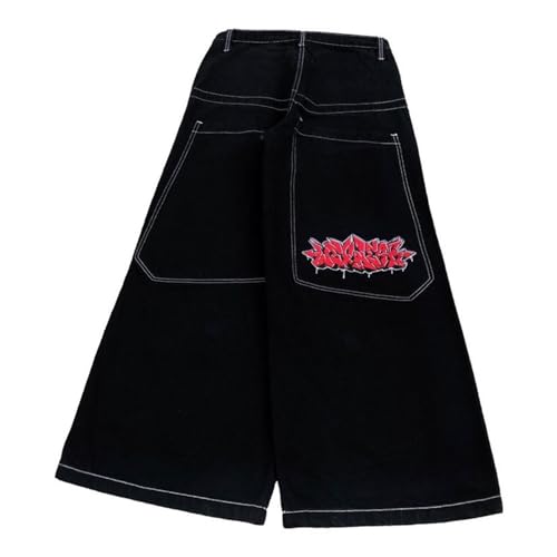 JNCO Jeans High Street bestickte Hip-Hop-Hose mit weitem Bein, lockere, lässige Jeans Jeanshosen Damen Löcher (Black, XL) von QWUVEDS