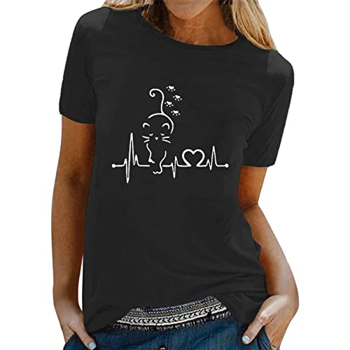 Kurzärmliges O-Neck-T-Shirt-Oberteil für Damen, Frühling, Sommer, Katzen T Shirt Weihnachten Damen Damen T-Shirt Mit Rundhalsausschnitt T-Shirt Damen Schwarz Baumwolle Damen T-Shirt Locker von QWUVEDS