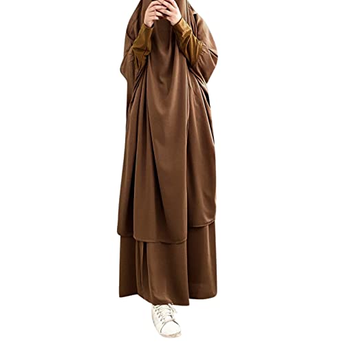 Lässige Feste muslimische Robe für Damen, Abaya, islamischer arabischer Kaftan, mit Kapuze, Zweiteilige muslimische Roben, weiches, Elegantes Top-Rock-Set Damen Sportanzug Set von QWUVEDS