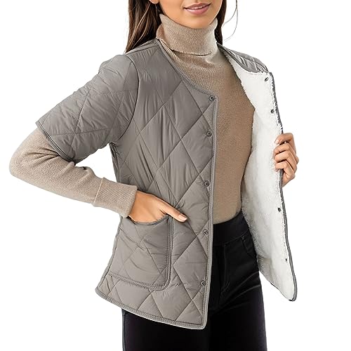 Leichte Damen-Daunenjacke mit kurzen Ärmeln und zwei Taschen (in Übergröße erhältlich) Daunenmantel Damen Winter Daunenjacke Damen Kurzarm Jacke Damen Kurzarm Steppjacke Damen Leicht (Khaki, L) von QWUVEDS