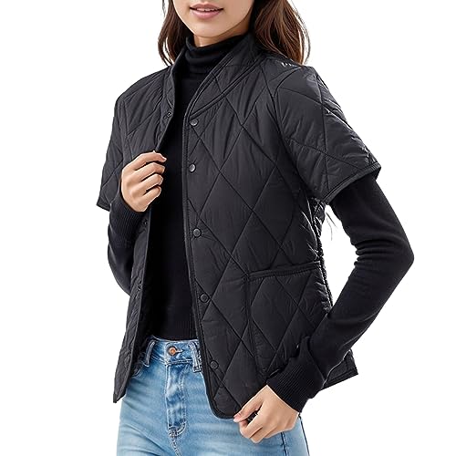 Leichte Damen-Daunenjacke mit kurzen Ärmeln und zwei Taschen (in Übergröße erhältlich) Regenjacke Imprägnieren Daunenjacke Damen Kurzarm Jacke Damen Kurzarm Steppjacke Damen Leicht (Black, XXXL) von QWUVEDS