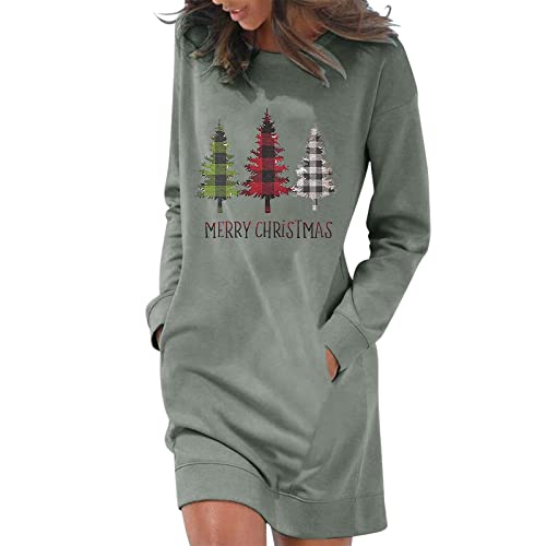 Lockere Langarm-Taschen-Weihnachtsdruck-Langer Pullover-Sweatshirt-Rock Figurumspielende Kleider Damen Herbst Sweatkleid Damen Langarm Winterkleid Damen Freizeitkleidung (Grey, XXL) von QWUVEDS