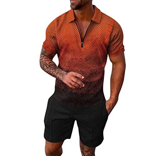 QWUVEDS Männliche Sommer Casual Print Reißverschluss Umlegekragen Bluse Kurzarm Tops Shirt Shorts Outfits Jogginghose Anzug Herren, Orange, XL von QWUVEDS