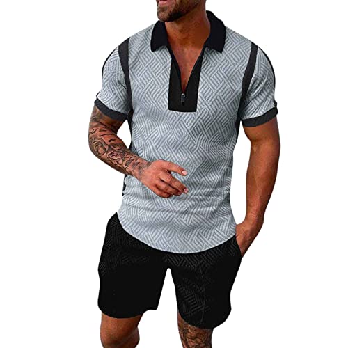 Männliche Sommer Casual Print Reißverschluss Umlegekragen Bluse Kurzarm Tops Shirt Shorts Outfits Karierter Anzug von QWUVEDS