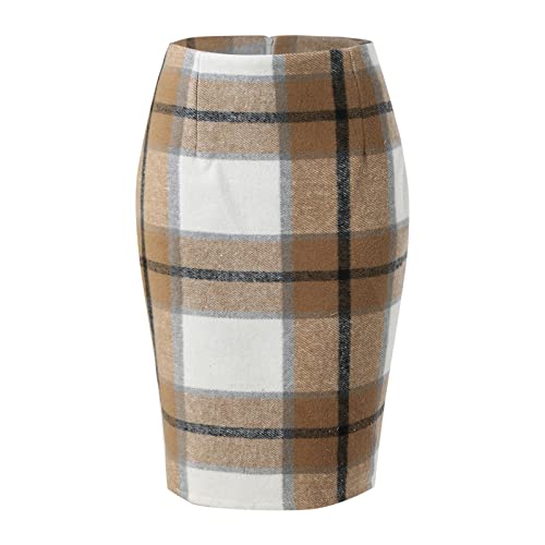 Pencil Plaid Röcke für Frauen Herbst Winter hoch taillierter, Figurbetonter, knielanger Woll-Midirock mit Schlitz Röcke Aus Polyester Damen Bodycon Rock Elastische Taille Minirock Bodycon Sommerrock von QWUVEDS