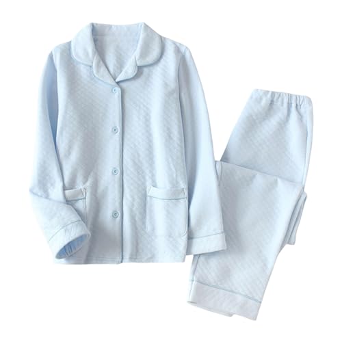 QWUVEDS Pyjama-Set für Damen, Bequeme Langarm-Nachtwäsche, Knopf-Nachtwäsche, elastische Hose mit hoher Taille, Pyjama-Sets Flanell Pyjama Hose Damen Damen Nachthemd Langarm (Blue, L) von QWUVEDS