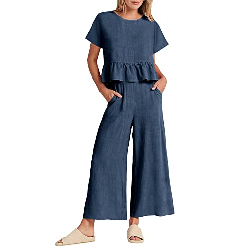 QWUVEDS 2-teiliges Outfit für Frauen 2023 Sommer-Kurzarm-Crop-Tops mit weitem Bein Hosen-Set Anzug von QWUVEDS