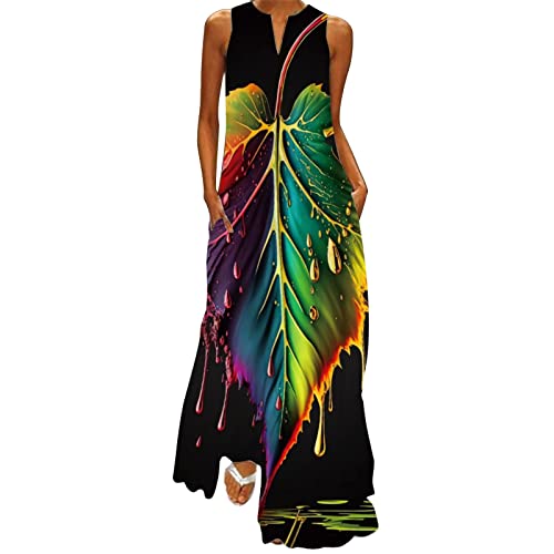 QWUVEDS Abendkleid Gr. 52 Frauen-Sommer-beiläufiges ärmelloses Druck-V-Ausschnitt-Maxi-Loses Kleid Boho-Strand-langes Sommerkleid mit Taschen Winterkleid Damen 48 von QWUVEDS