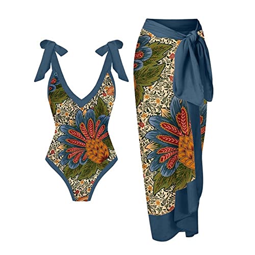 QWUVEDS Badeanzug Damen 40 Damen 1-teilige Badebekleidung + 1-teiliges Vertuschung-Badeanzug mit Vintage-Print, Monokini-Bikini, 2-teilige Badeanzüge, zweiteiliges Tankini-Set Badeanzug Damen Prime von QWUVEDS