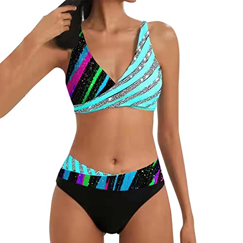 QWUVEDS Bikini Damen Set Push Up Badeanzug Damen Sexy Damen Zweiteiliger Badeanzug V Ausschnitt überkreuztes Blumenmuster Bikini Bademode Bauchkontrolle 2pc Bikini Sets​ Bikini Damen bauchweg XL von QWUVEDS