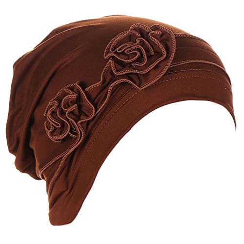 QWUVEDS Blumenkopf-Hut-Kappe Ethnischer böhmischer Blumen-Haar-Abdeckungs-Verpackungs-Turban-Kopfbedeckungs-Turban-Kappe Plissee-Hut Haarband Schwarz Damen (Coffee, One Size) von QWUVEDS