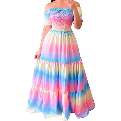 QWUVEDS Business Kleid Damen Schulterfreies Maxikleid für Sommerfrauen mit kurzen Ärmeln, hoher Taille, plissierten Langen Kleidern Sommerkleid von QWUVEDS