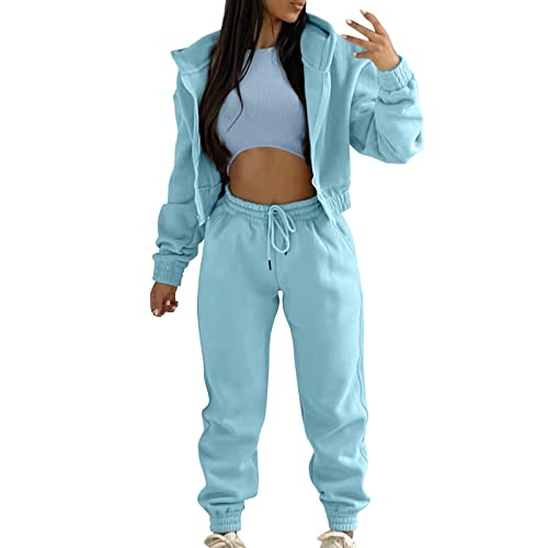 QWUVEDS Damen Casual Trainingsanzug Herbst und Winter Top Weste Hose Set Modisch Einfarbig Reißverschluss Kapuzen Sweatshirt Hose Lässig Dreiteiliges Set Nicki Hose (Blue, L) von QWUVEDS