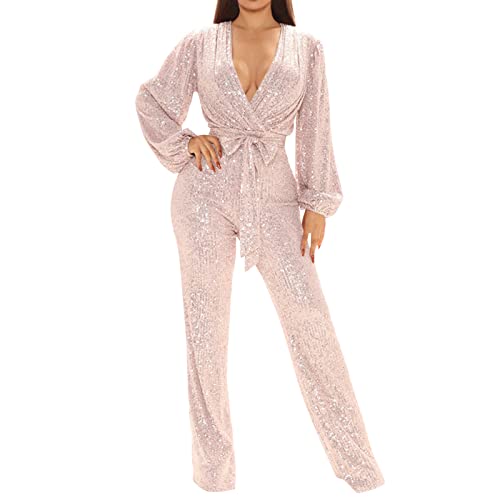 QWUVEDS Damen Jumpsuit Elegant Lässig Sexy V-Ausschnitt Langarm Pailletten Jumpsuit Weites Bein Hosen Jumpsuit Jumpsuit Damen Sexy von QWUVEDS