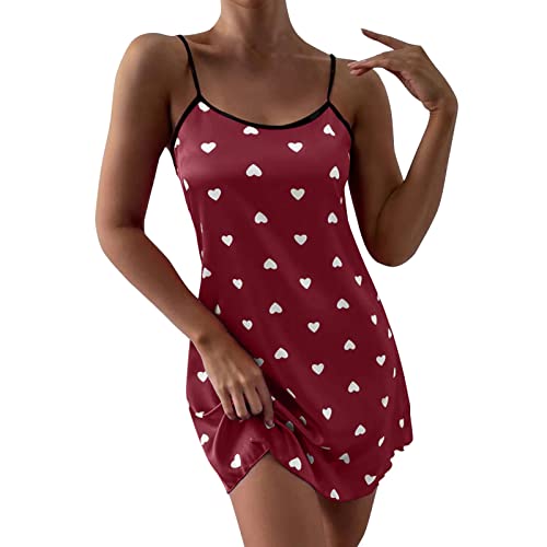 QWUVEDS Damen-Nachthemd mit Herzdruck und Salatbesatz, Satin-Unterwäsche, Nachtwäsche, Kapuze, Mini-Frauen, sexy Nachthemd, Spitzen-Nachthemd Valentinstag Dessous Rot von QWUVEDS