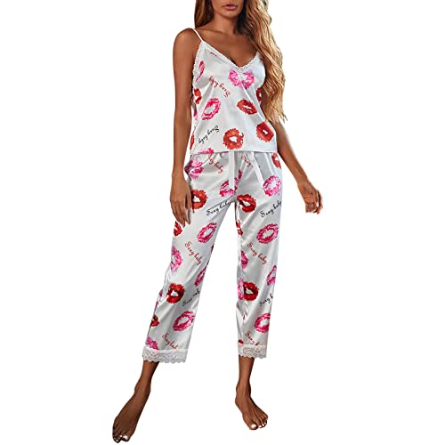 QWUVEDS Damen-Pyjama-Set, weiche -Sets, sexy Nachtwäsche mit Spitzendruck Nacht Hemd Set von QWUVEDS