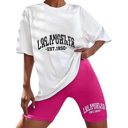 QWUVEDS Damen-Set mit kurzen Ärmeln, Oberteil und Shorts, lässiger Sportbekleidung, Zweiteiliger Sportanzug Neopren Badeanzug (Hot Pink, M) von QWUVEDS