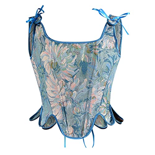 QWUVEDS Damen Sexy Bustier Korsett Top Öse Mode Blumendruck Push Up Crop Tops Vintage Tank Top Party Clubwear Mieder Bauchmieder Damen (4-0115C-Sky Blue, XL) von QWUVEDS