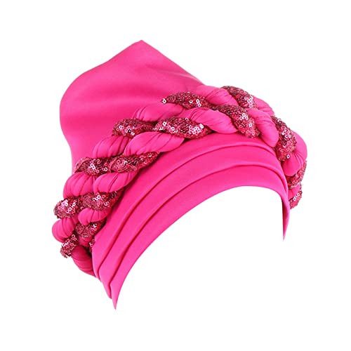 QWUVEDS Damen Sommer Muslim Twin Farbe Pailletten Space Layer übertrieben Kopftuch Hut Mode passender Kopftuch Hut Stirnband Samt Schwarz (Hot Pink, One Size) von QWUVEDS