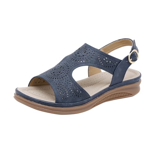 QWUVEDS Damen-Sommer-europäische amerikanische Mode-Slipper mit offener Zehenpartie, leichte Retro-Keilsandalen Sketches Damenschuhe 42 (Navy, 37) von QWUVEDS