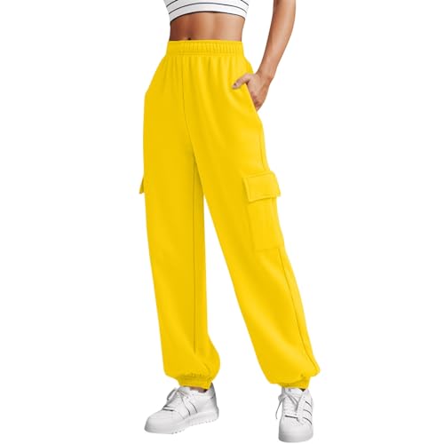 QWUVEDS Damen Sporthose Jogginghose Laufhosen Gummibund Sweathose mit Taschen Stoffhose Lange Yoga Hosen Sweathose mit Taschen High Waist Bequeme Lockere Freizeithose Fitness Loungewear XXL,B2-Gelb von QWUVEDS