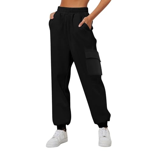 QWUVEDS Damen Sporthose Jogginghose Laufhosen Gummibund Sweathose mit Taschen Stoffhose Lange Yoga Hosen Sweathose mit Taschen High Waist Bequeme Lockere Freizeithose Fitness Loungewear XXL,B3-Schwarz von QWUVEDS