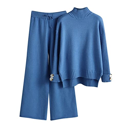 QWUVEDS Damen Strickset Herbst und Winter Strickanzug Stehkragen Pullover Lange Hosen Lose Zweiteiler Sportshirt Damen (Blue, One Size) von QWUVEDS