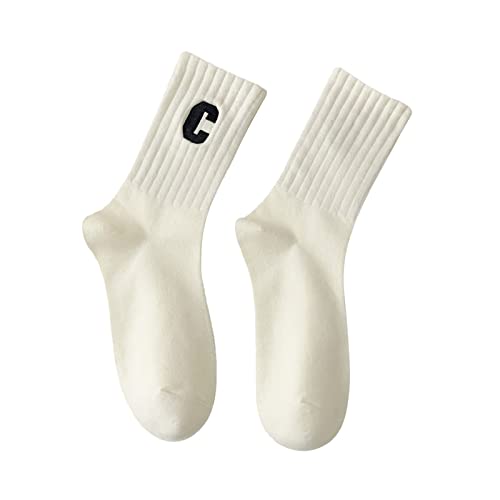 QWUVEDS Damen gekämmte Baumwolle gestickter Buchstabe Big C Sportsocken im College-Stil Unisex Socken Schwarz (White, One Size) von QWUVEDS